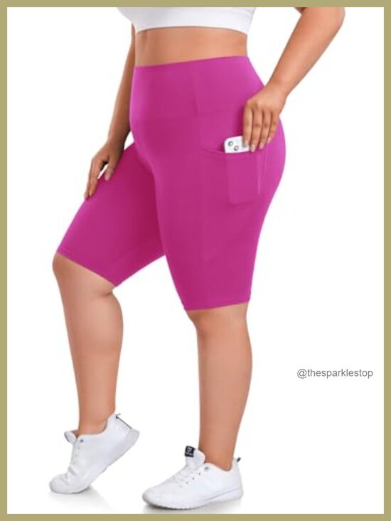 Pants - Plus Size 8" Biker Shorts with Pockets - High Waisted Spandex Yoga Gym Athletic